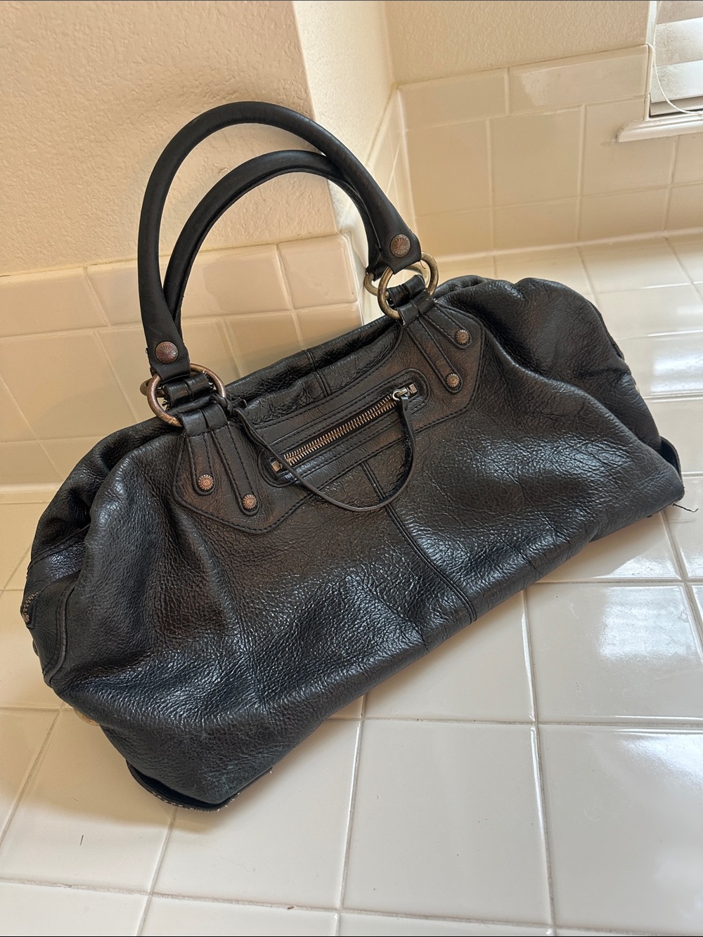 Gianni Bini Black Leather Double-Handle Satchel with Ring Hardware
